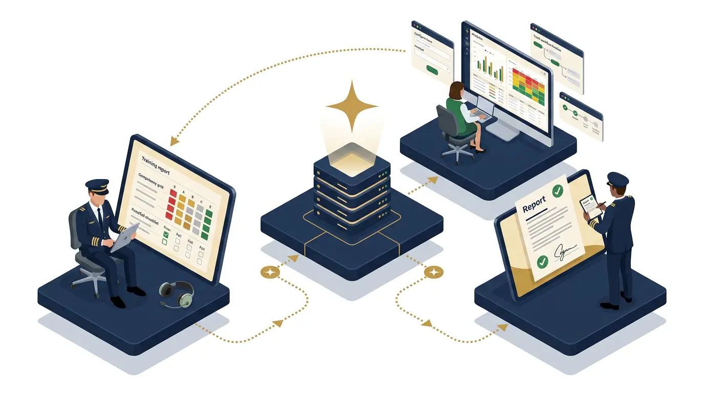 Isometric illustration of the Waypoint training cycle: a training manager at a desktop dashboard, an instructor grading a training report on iPad, and a pilot reviewing a signed report — all connected through one central platform.